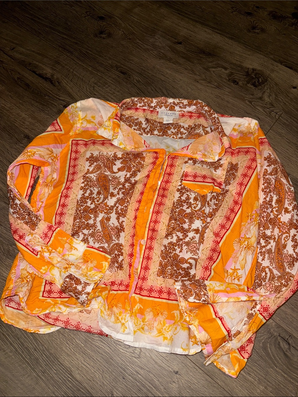 Calypso St. Barth Orange, Cream & Brown Paisley Panel Button-Front Blouse